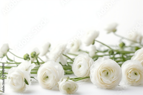 Elegant White Ranunculus Flowers on a Soft White Background. Copy space  mock up. A tranquil display of white ranunculus blooms  gracefully aligned on a pristine background. Mothers day