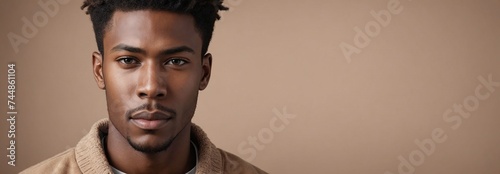 Midshot Portrait Photo Of A Jealous African American Handsome Male Model With A Light Brown Hair Isolated On A Moccasin Background With Copy Space, Banner Template. photo