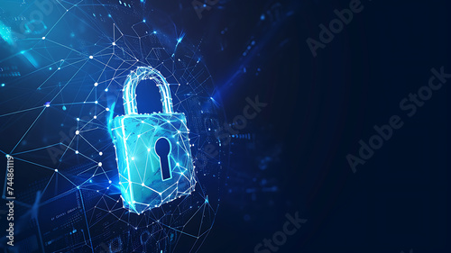 digital padlock with virtual screen on dark background with copy space. cyber security technology for fraud prevention and privacy data network protection concept