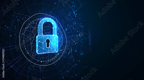 digital padlock with virtual screen on dark background with copy space. cyber security technology for fraud prevention and privacy data network protection concept