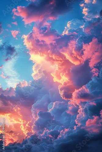 blue sky with pink and grey clouds, sunset high in the air. Surreal wallpaper