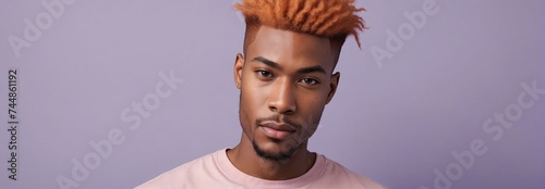 Midshot Portrait Photo Of A Shy African American Handsome Male Model With A Orange Hair Isolated On A Lavenderblush Background With Copy Space, Banner Template.