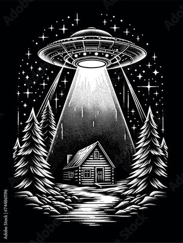 UFO Abduction of a Cabin in a Starry Night Forest, Dotwork Design