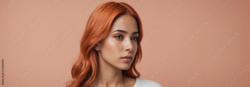 Fototapeta premium Midshot Portrait Photo Of A Worried Latin Beautiful Female Model With A Orange Hair Isolated On A Salmon Background With Copy Space, Banner Template.