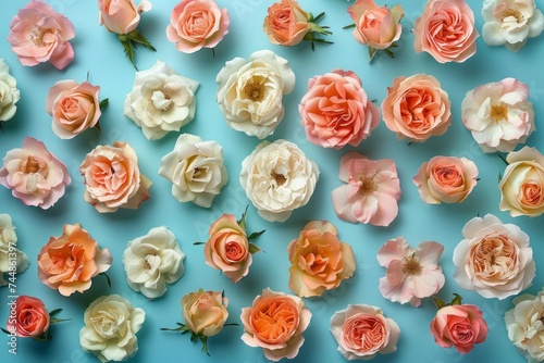 seamless pattern made of rose heads against blue background. Lovley spring nature vibes. photo