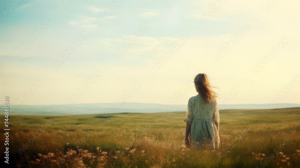 Romantic image of a young girl dressed in 1900s fashion in a meadow of wild grasses - Generative AI