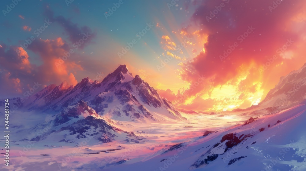 Majestic winter landscape, colorful sky glowing by sunset, aerial view