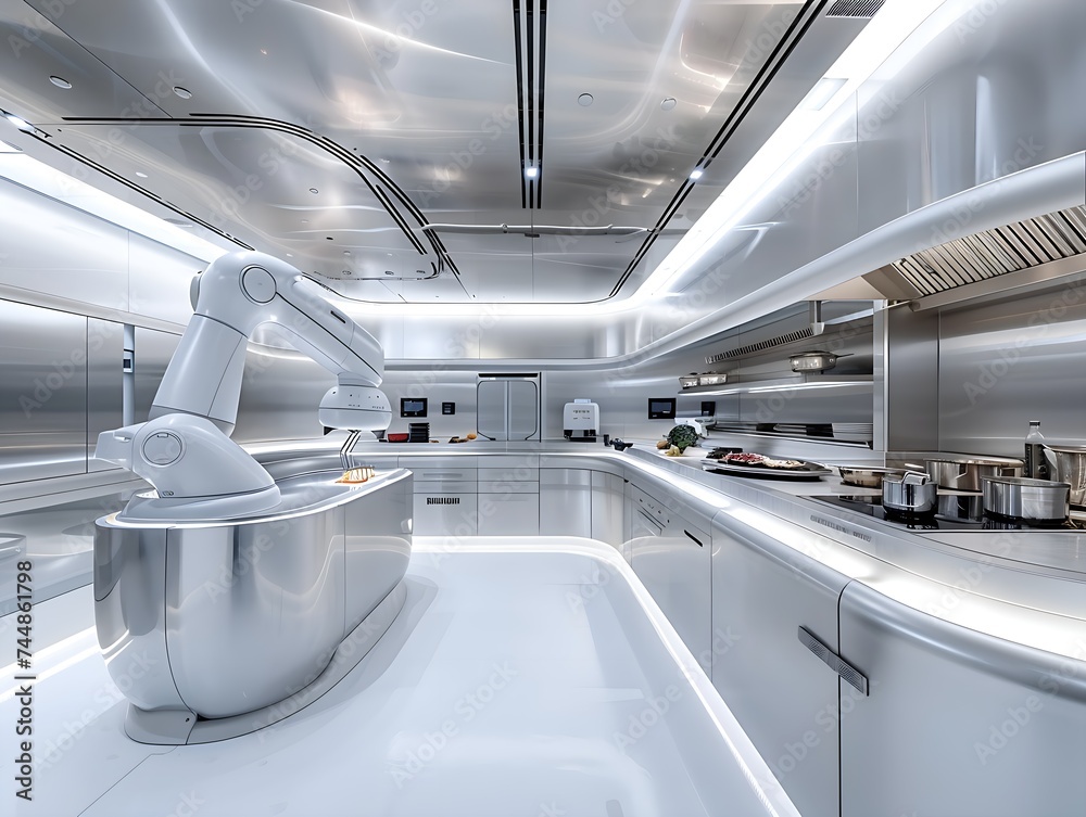 The AI-powered robotic chef preparing a gourmet meal in a modern kitchen