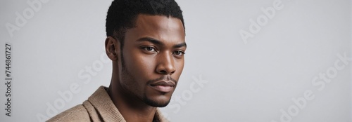 Midshot Portrait Photo Of A Thoughtful African American Handsome Male Model With A Light Brown Hair Isolated On A Ghostwhite Background With Copy Space, Banner Template.