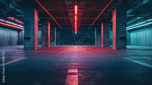 a parking garage with red lights