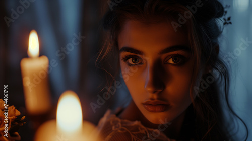 A young woman gazes thoughtfully into the distance, illuminated by the warm glow of candles in a room with subdued lighting, creating an atmosphere of intimacy and reflection - Generative AI