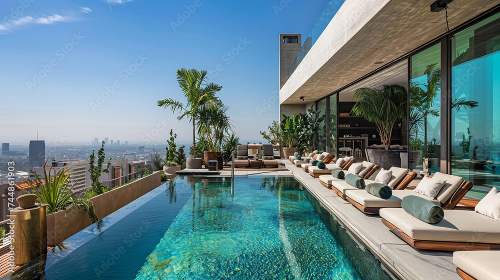Fototapeta premium Luxury rooftop pool overlooking a panoramic city view