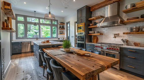 Stylish kitchen with modern appliances and rustic wooden table