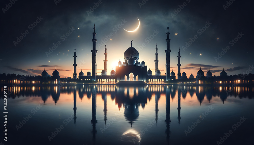 Majestic Mosque Silhouette Reflecting in Water Under Crescent Moon