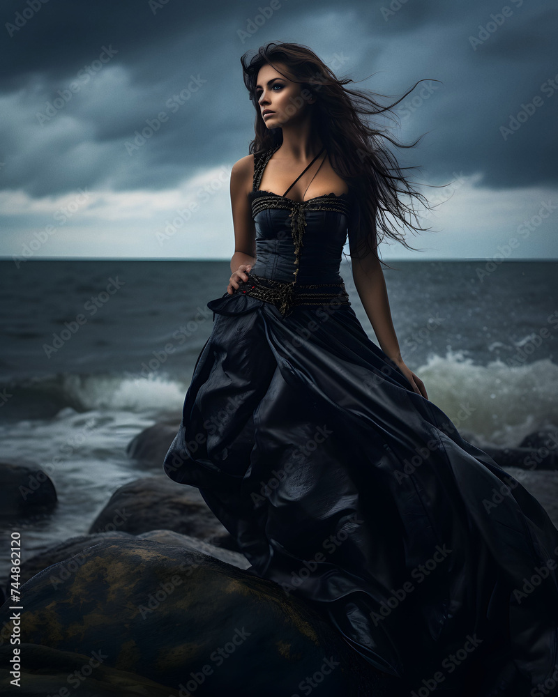 Gothic maiden on the rocks by the ocean Gothic maiden on the rocks by the ocean