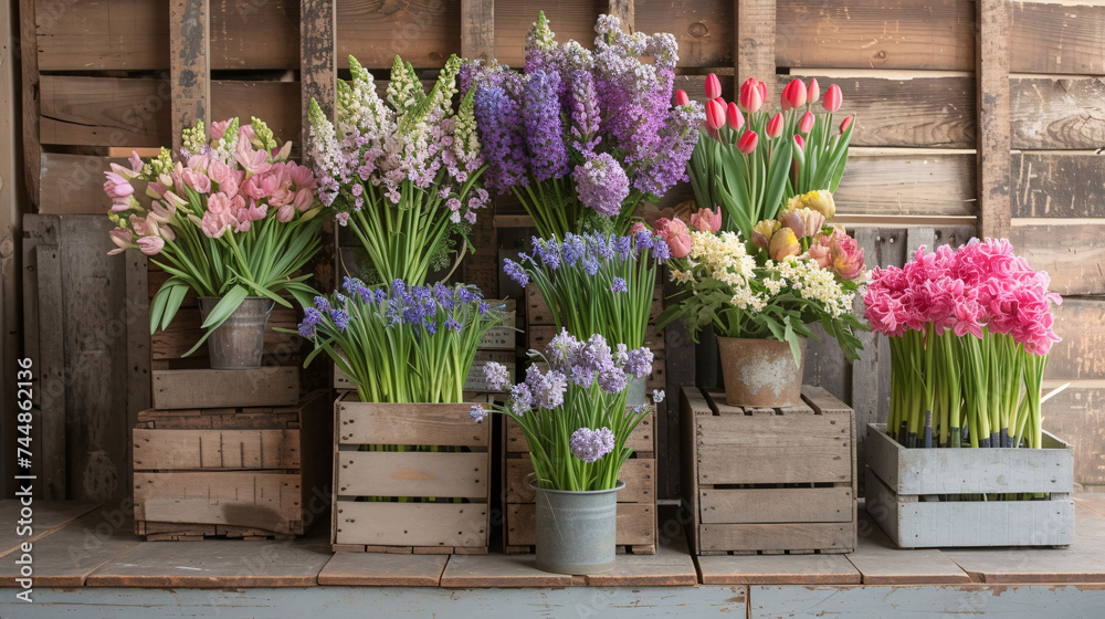 Rustic Wooden Boxes of Colorful Spring Flowers