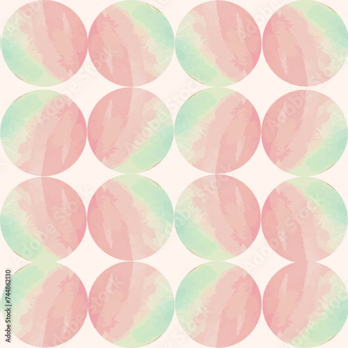 The ornament is made of balls, circles, which create unexpected patterns with their gradient colors. Geometric, zigzag, round motifs, pink and mint green color palette vector pattern. 
