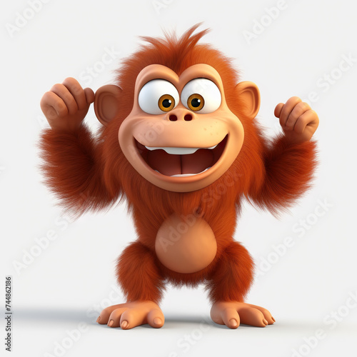 A playful cartoon orangutan with a wide grin, large eyes, and fluffy orange fur against a plain background - Generative AI photo