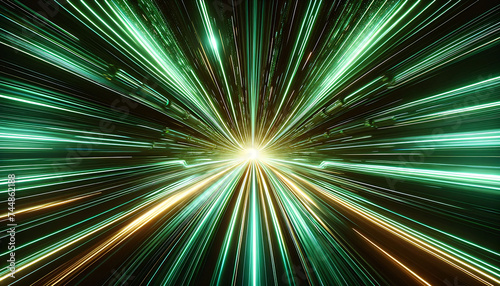 dynamic motion of green and gold light trails zooming towards a central bright light, giving a strong impression of hyperspeed travel through space.