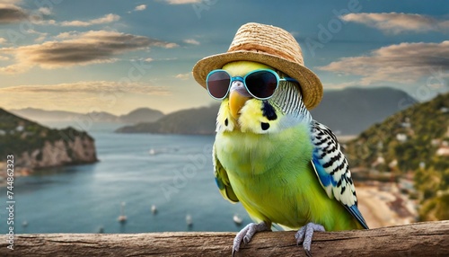 A budgie with sunglasses, a hat and clothes for the summer