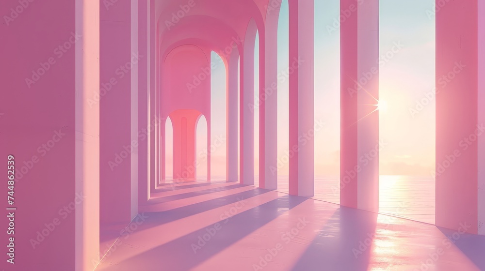 a pink hallway with arches and sun shining through