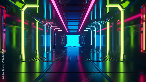 Futuristic room with neon laser lines background illustration in cyberpunk style.
