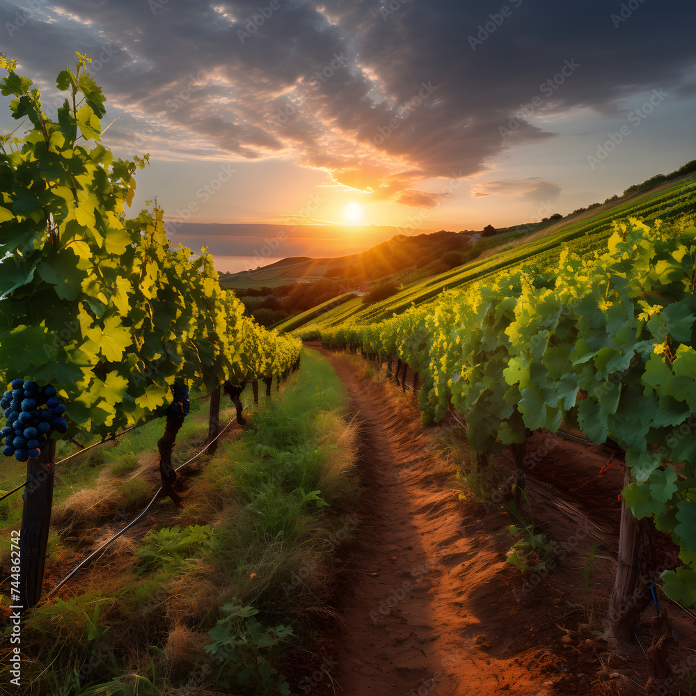 Aesthetically Captivating Vineyard: The Majestic Domain of Grapevines Under the Warm Hues of the Setting Sun