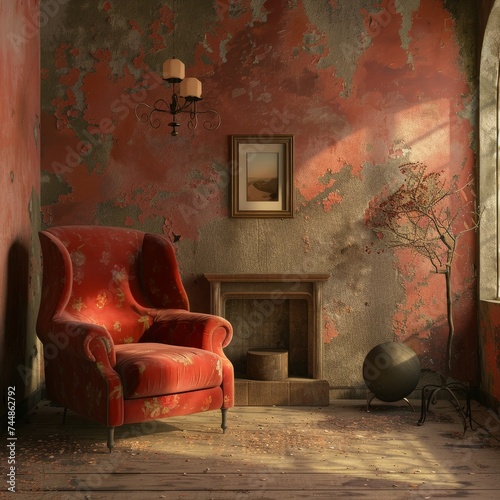 a red chair in a room with a fireplace and a lamp