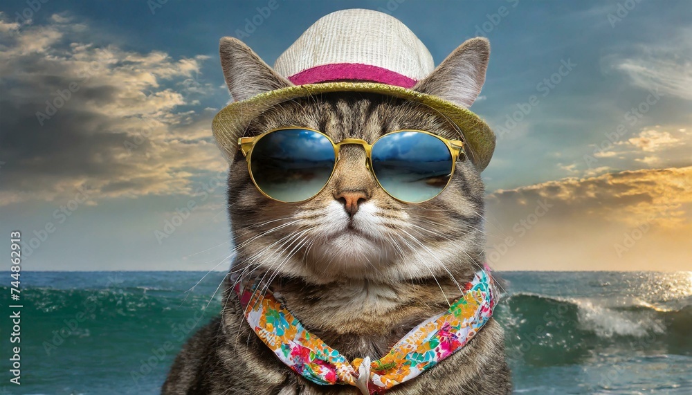 A cat with sunglasses, a hat and clothes for the summer