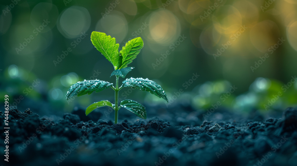 Small sprouts arise in mature soil, faint sun rays bokeh in the background. Concept of regenerative agriculture for soil fertility, removal of carbon dioxide from atmosphere and rebirth of nature. Small sprouts arise in mature soil, faint sun rays bokeh in the background. Concept of regenerative agriculture for soil fertility, removal of carbon dioxide from atmosphere and rebirth of nature.