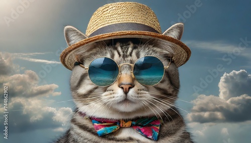 A cat with sunglasses, a hat and clothes for the summer