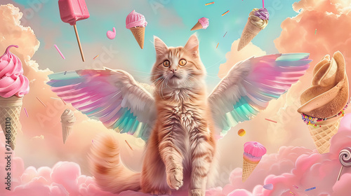Timeless whimsy, a cat with wings in a pastel retro fantasy, sweets and ice creams defy gravity around it photo