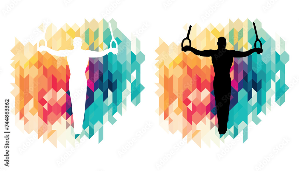 Male gymnast on rings colorful icons on a transparent background - obrazy, fototapety, plakaty 