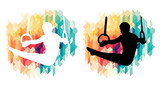 Male gymnast on rings colorful icons on a transparent background