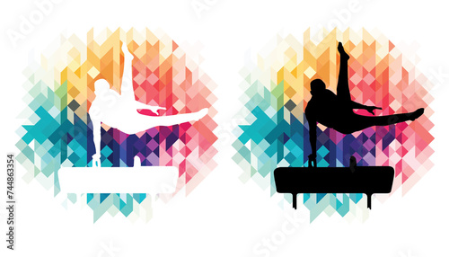 Male gymnast on pommel horse colorful icons on a transparent background