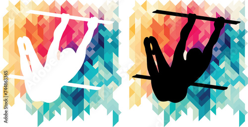 Female gymnast on uneven bars colorful icons on a transparent background