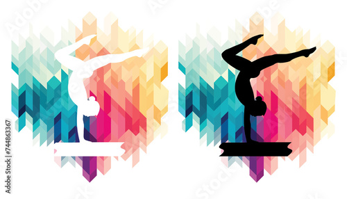 Female gymnast on balance beam colorful icons on a transparent background