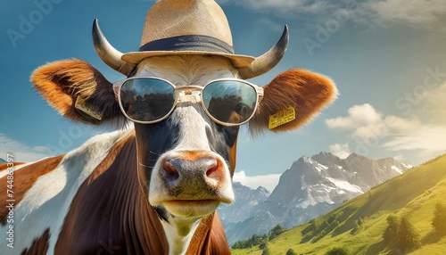 A cow with sunglasses and a hat for summer
