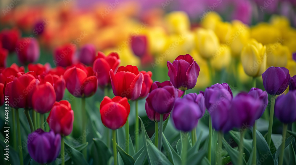 Vibrant Tulip Garden with Red, Purple, and Yellow Blooms