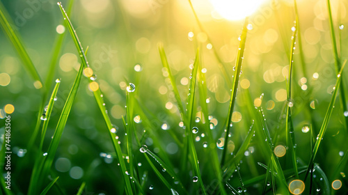 Dewy Grass at Sunrise in Nature