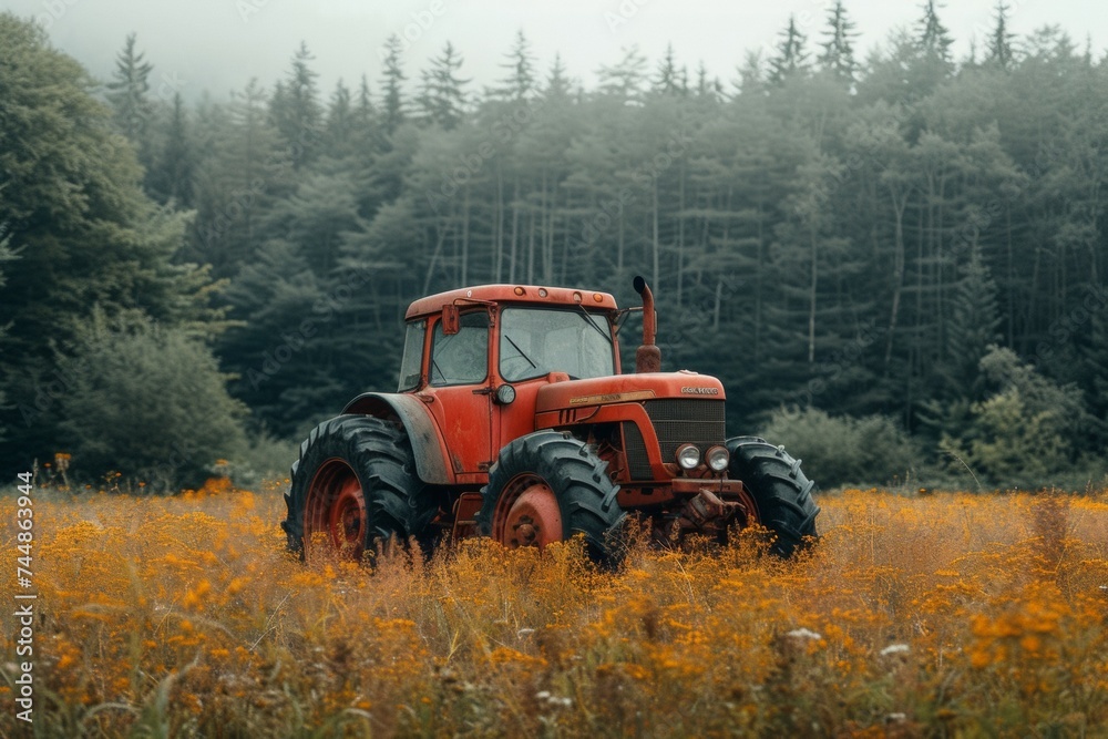 Tractor in the field. Background with selective focus and copy space Tractor in the field. Background with selective focus and copy space