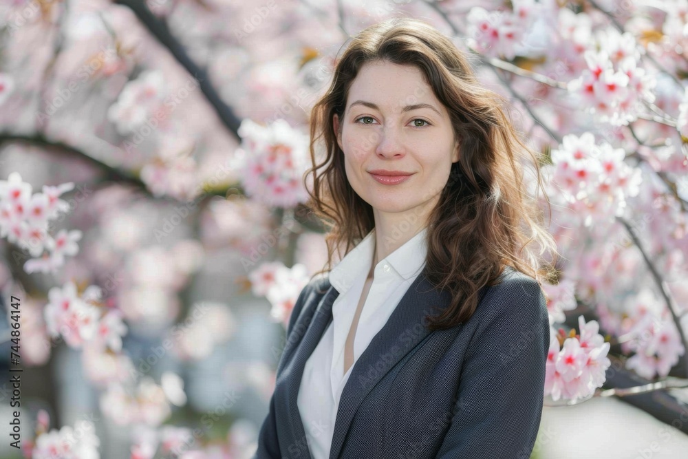 Woman and cherry blossoms. Background with selective focus and copy space Woman and cherry blossoms. Background with selective focus and copy space