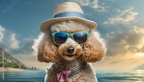 A poodle with sunglasses and a hat for summer
