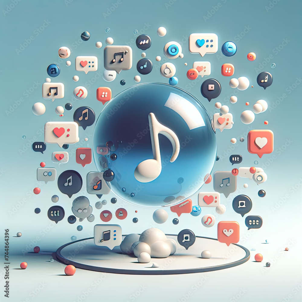 floating ball with musical note icon, surrounded by small floating icons