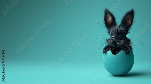 Banner of a cute and furry black bunny cub inside an Easter egg on a light blue background, empty copy space photo