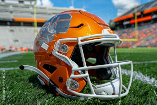 American football helmet on the stadium field. Backdrop with selective focus and copy space photo