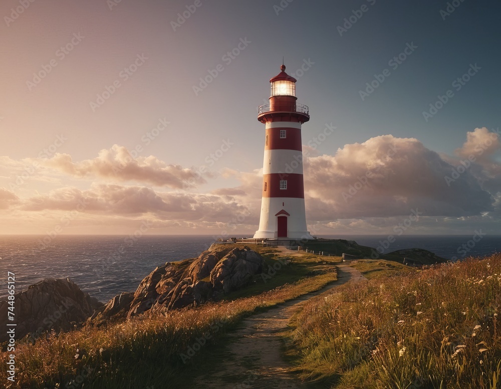 Lighthouse on a hill, or on a mountain. surrounded by green fields and flowers. navigation of ships at sea. Concept Postcards, backgrounds, envelopes, landscape.