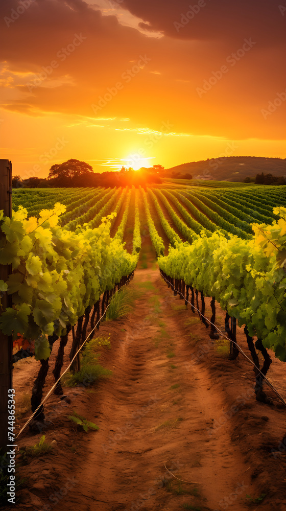 Aesthetically Captivating Vineyard: The Majestic Domain of Grapevines Under the Warm Hues of the Setting Sun