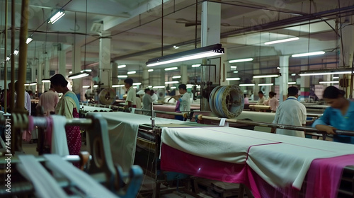 Textile Industry in Motion  Workers Weaving on Looms in a Busy Factor