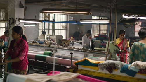 Textile Industry in Motion: Workers Weaving on Looms in a Busy Factor